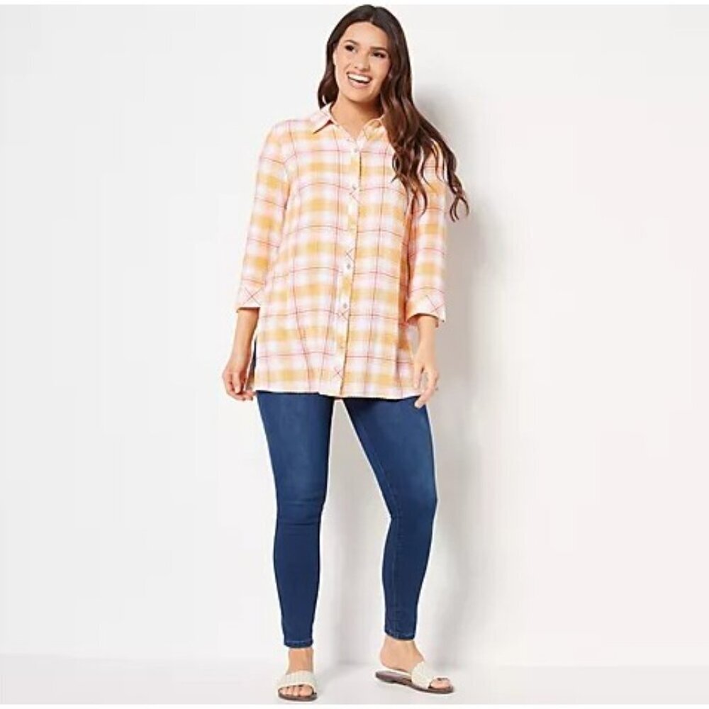 Susan Graver Button Back Tunic XL Plaid Top